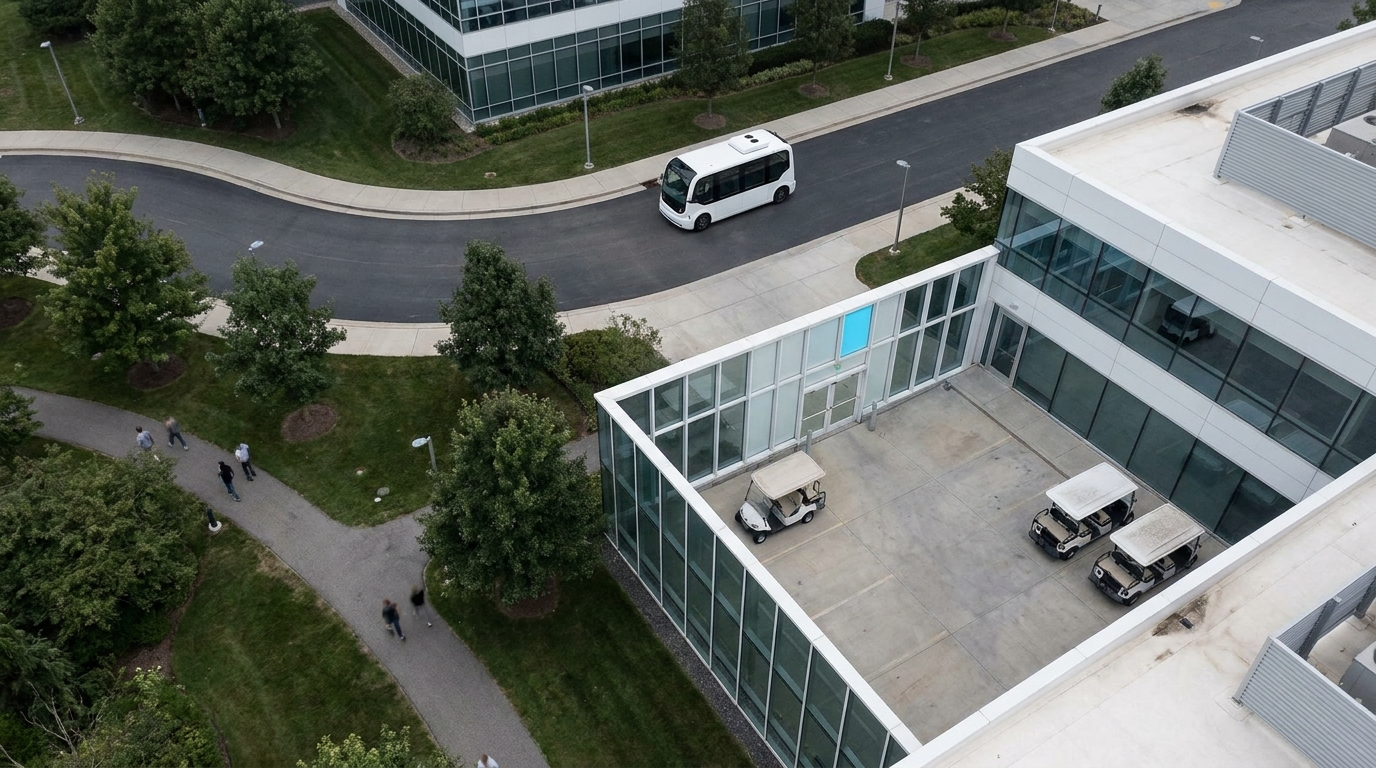 Aerial view of a campus shuttle on the road and utility carts parked in a courtyard