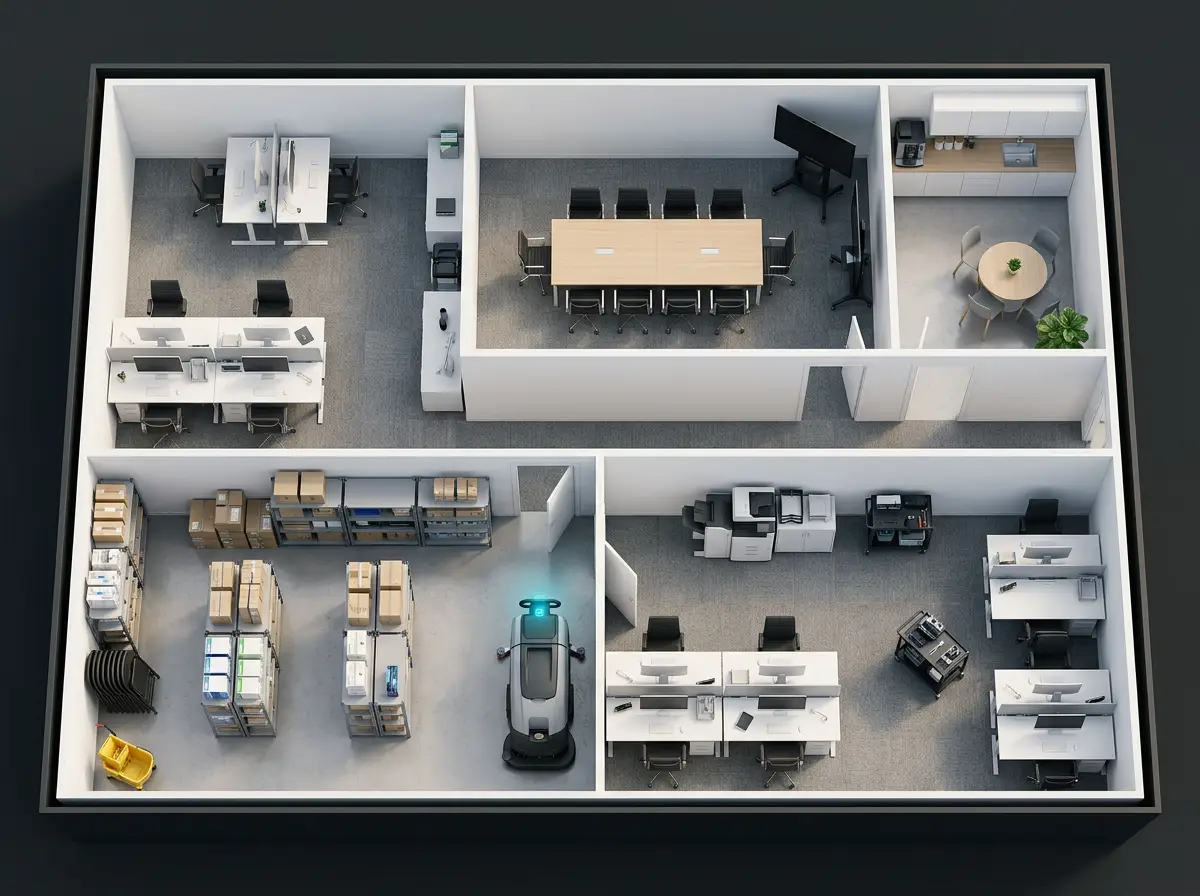 Cutaway office floor with desks, a conference room, storage shelving and a floor scrubber