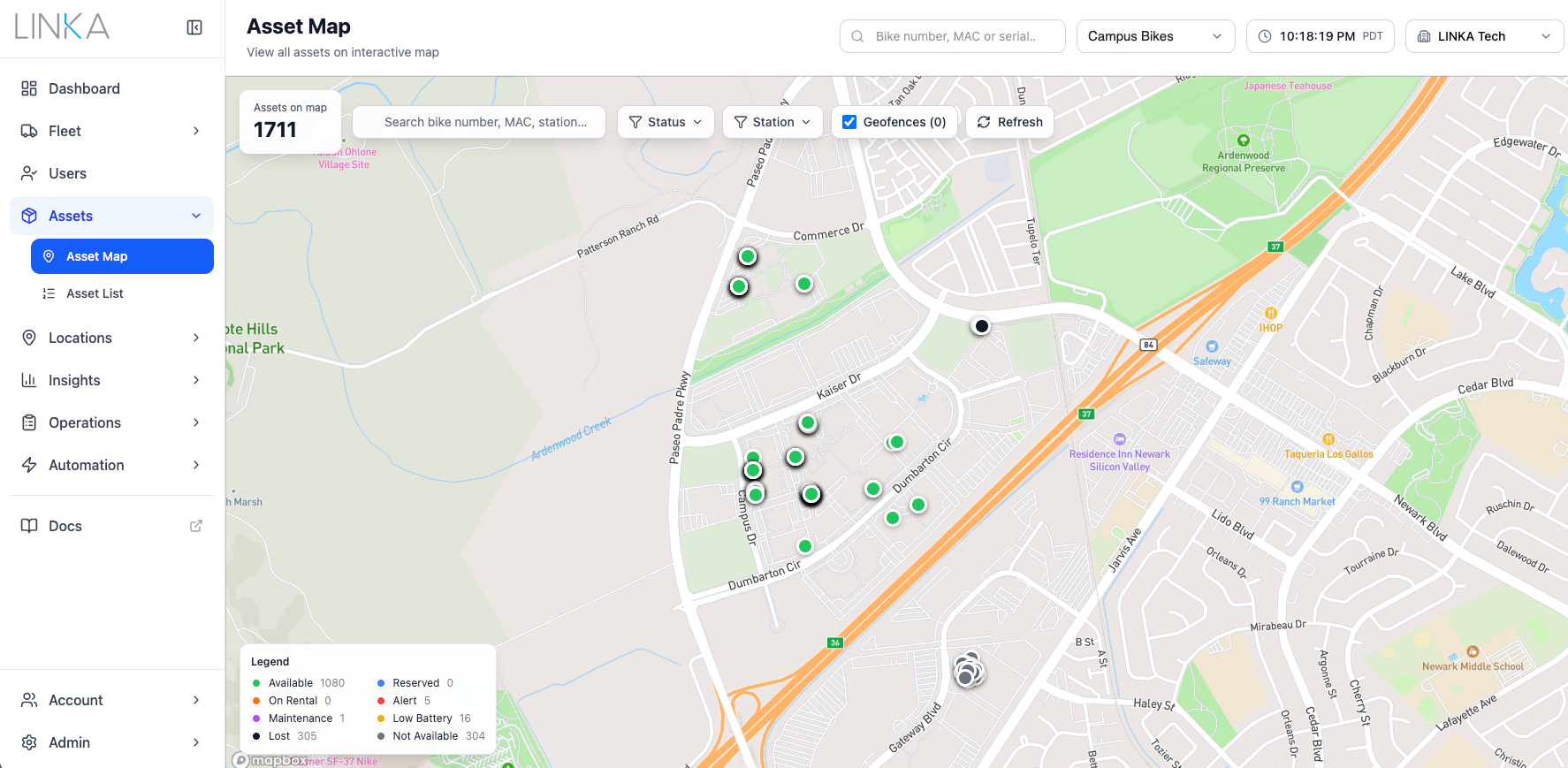 FleetView asset map on a desktop monitor
