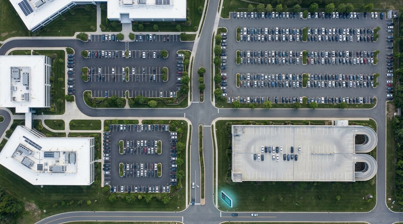Top-down view of campus parking lots and a garage