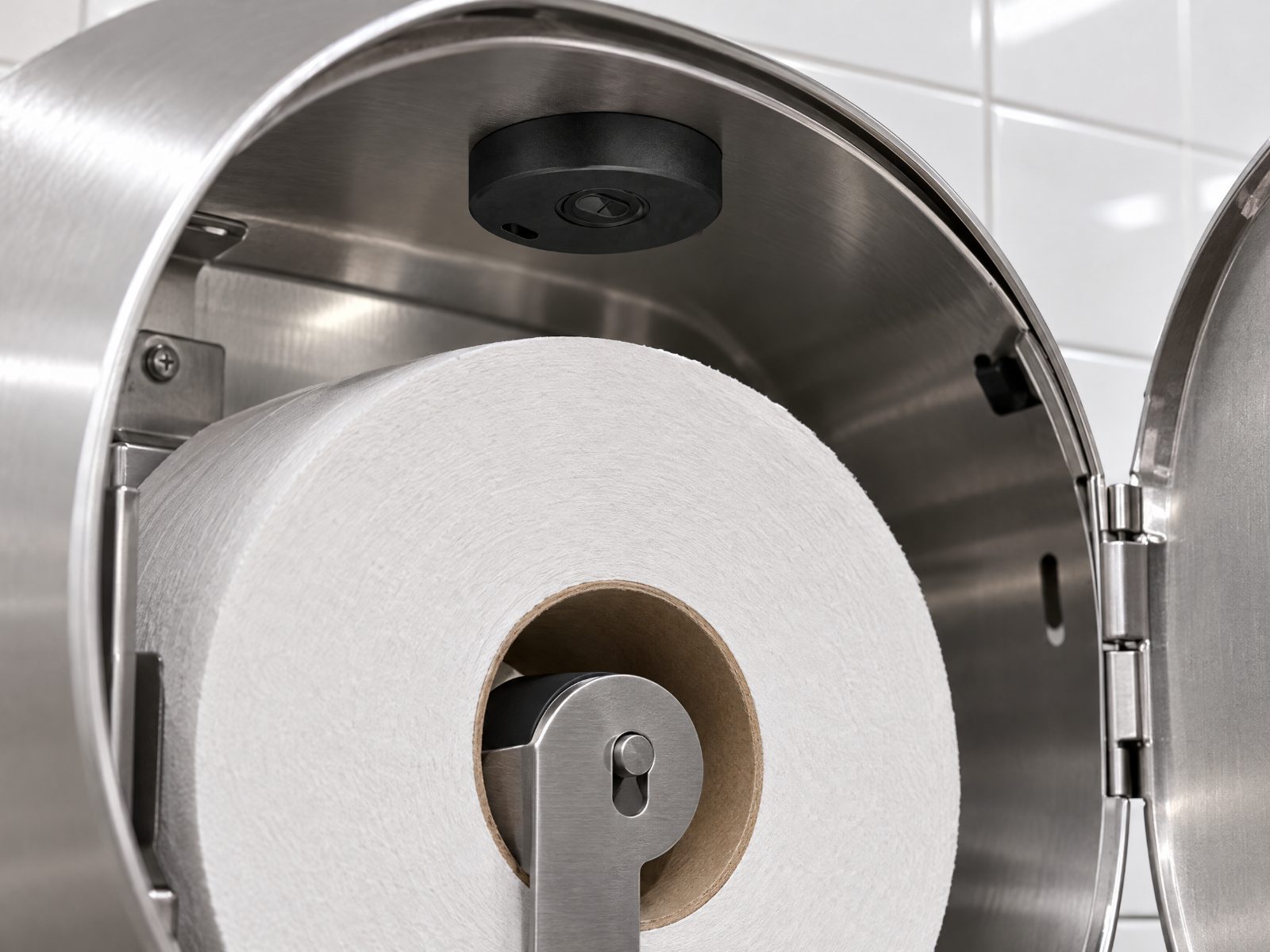 Supply sensor mounted inside a stainless steel paper towel dispenser