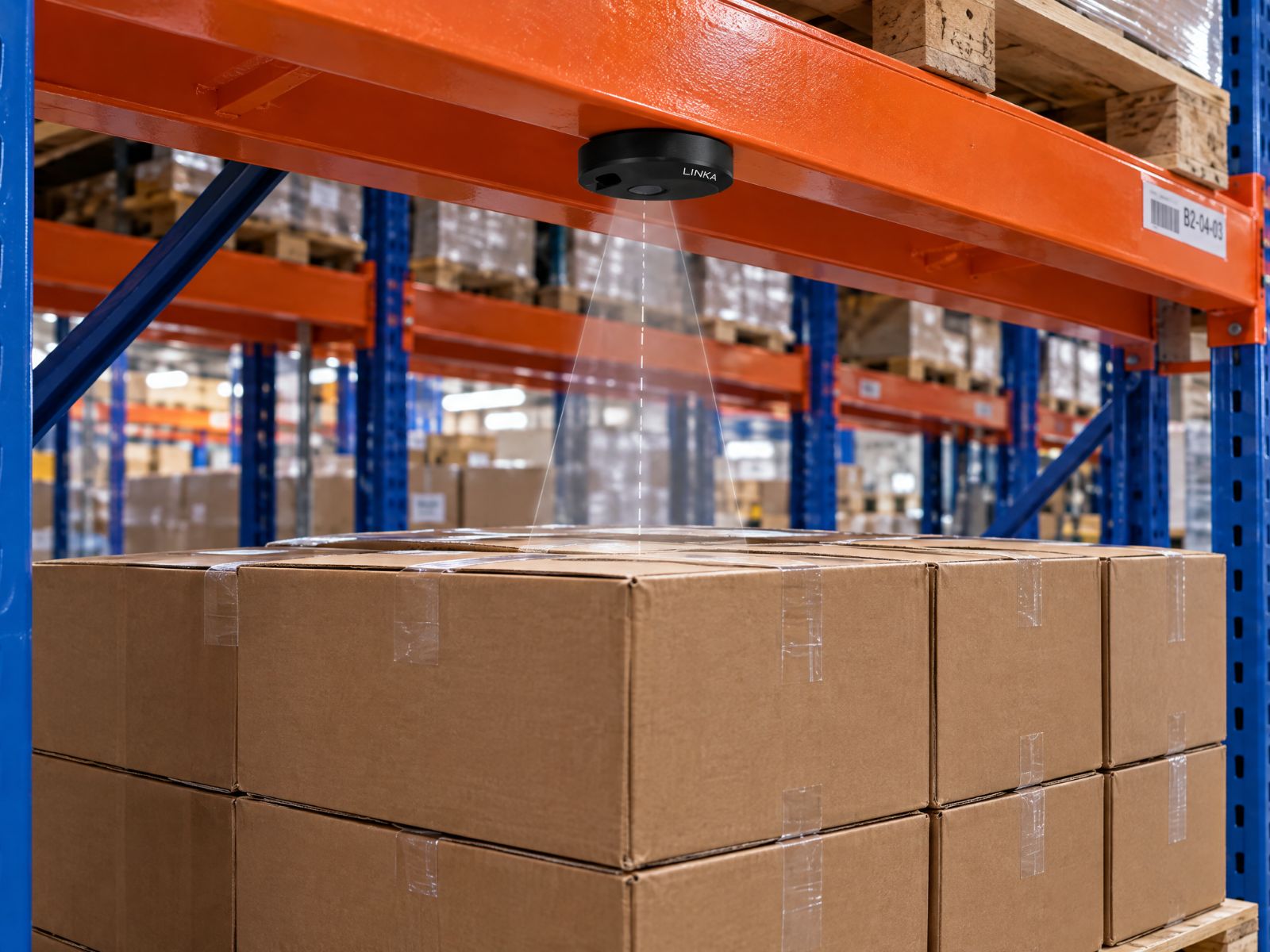 Supply sensor mounted under a warehouse rack beam measuring the pallet below